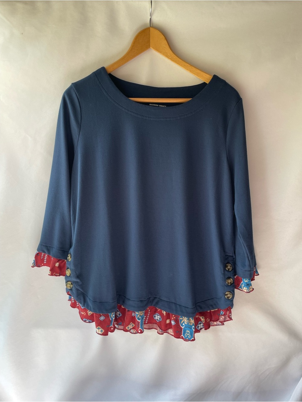 Allison Daley Women’s Navy Long-Sleeve Top with Red Floral Ruffle Trim